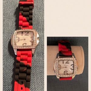 Black and Red Rubber Band Watch with Rhinestones